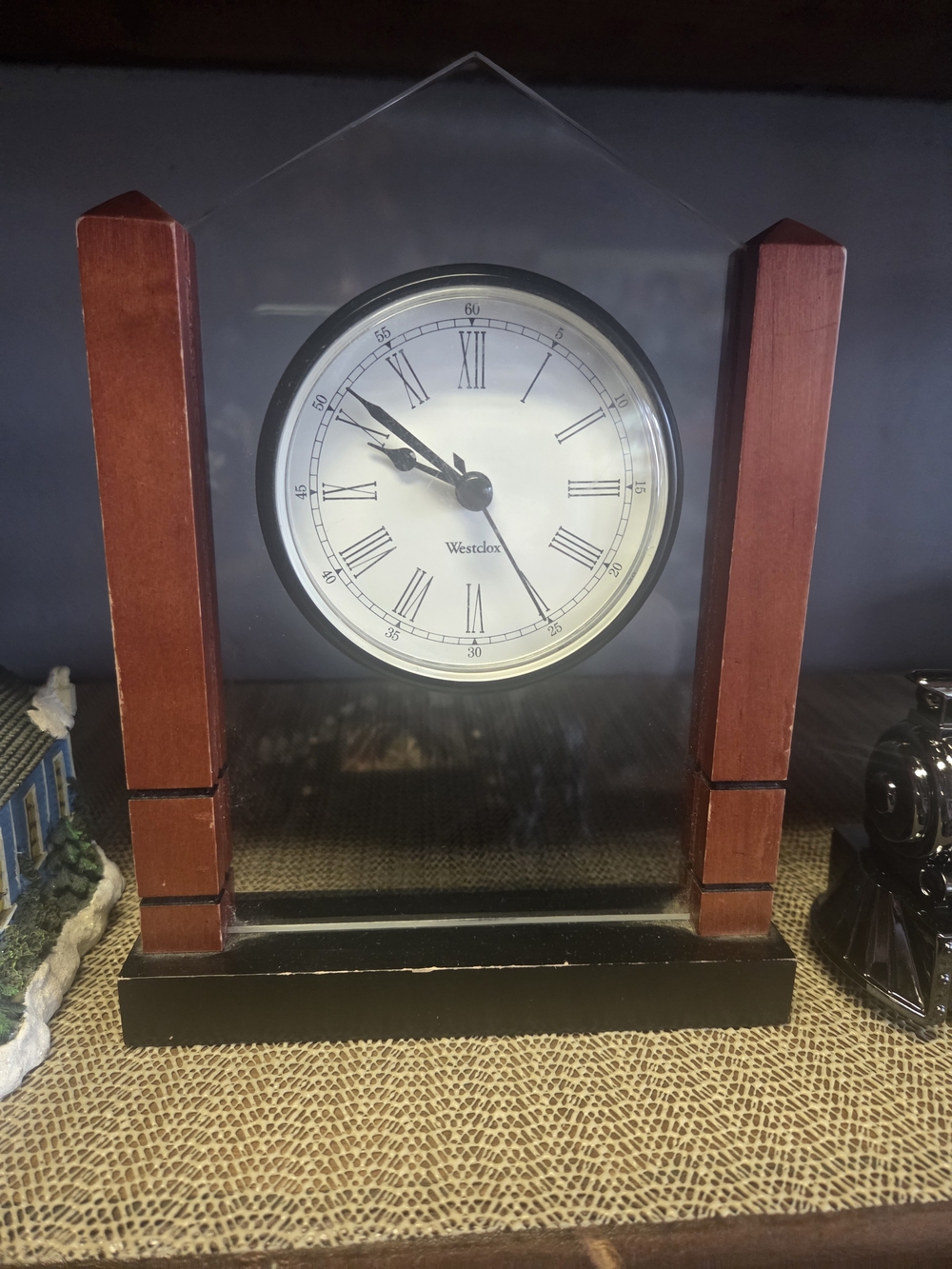 VINTAGE WESTCLOX Red Wood Frame Glass Mantel Clock